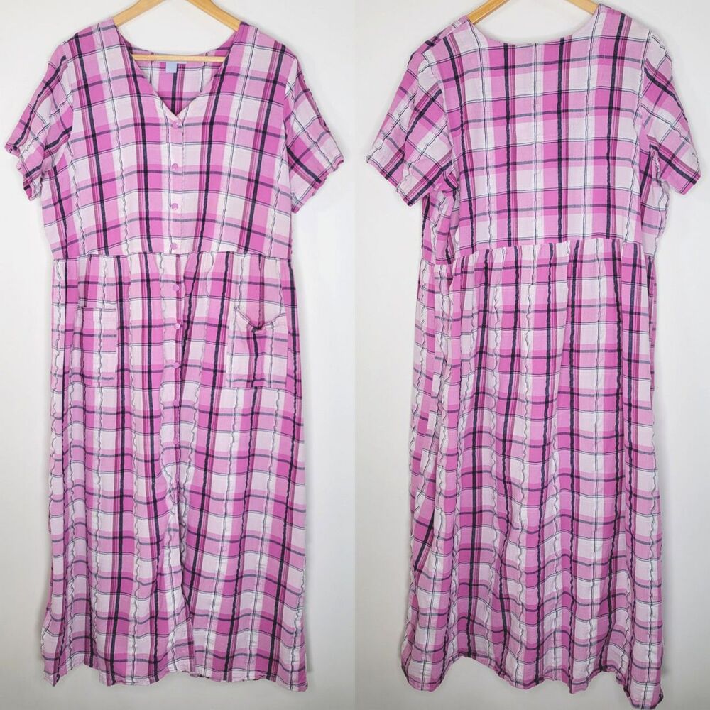 ONLY NECESSITIES Pink Plaid Maxi Dress Size 18 / 20 Patch Pockets Snap Button